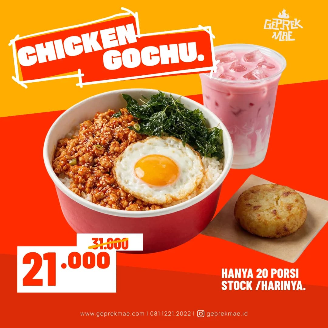 Geprek Mae - Chicken Gochu, Gratis perkedel stok terbatas tiap harinya!